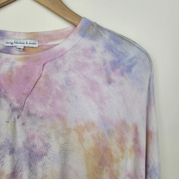 Young, Fabulous, and Broke Tie Dye Purple Pink Yellow Long Sleeve Sweater Sz S - Picture 2 of 6